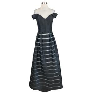 XSCAPE Women's Formal Dress Size 6 Black and White Stripe Off the Shoulder Gown